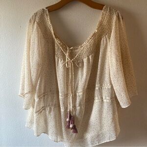 Rebecca Minkoff Boho Cream Floral Peasant Top with Tassel Tie
